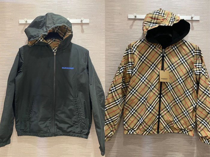 【EZ兔購】~正品Burberry 格紋 TB 風衣 連帽 外套 雙面穿 ~ 青年款=男 成人 S 原價 28900