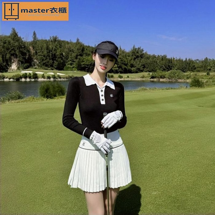 韓國FL高爾夫球女裝秋冬針織polo衫長袖golf網球短裙運動套裝高端~master衣櫃