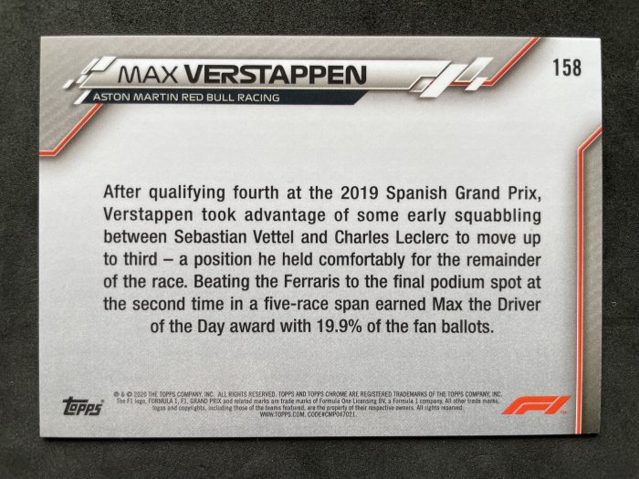 2020 Topps Chrome Formula 1 Max Verstappen #158 藍冰亮 RC 新人收藏卡