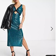 (嫻嫻屋) 英國ASOS-Flounce London優雅時尚名媛黑色蕾絲邊V領撞色藍綠色亮片中長裙洋裝禮服AD24