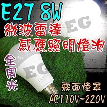 E27 8W LED 微波雷達感應照明燈泡 壁燈 投射燈 微波感應燈泡 綠能球型燈泡 車庫燈