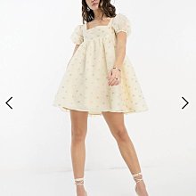 (嫻嫻屋) 英國ASOS-Glamorous碎花圖案方領泡泡袖黃色歐根紗洋裝禮服EB23
