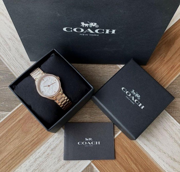 COACH Modern Sport 水鑽圈 C字浮雕白色錶盤 玫瑰金色不鏽鋼錶帶 石英 女士手錶 14503072