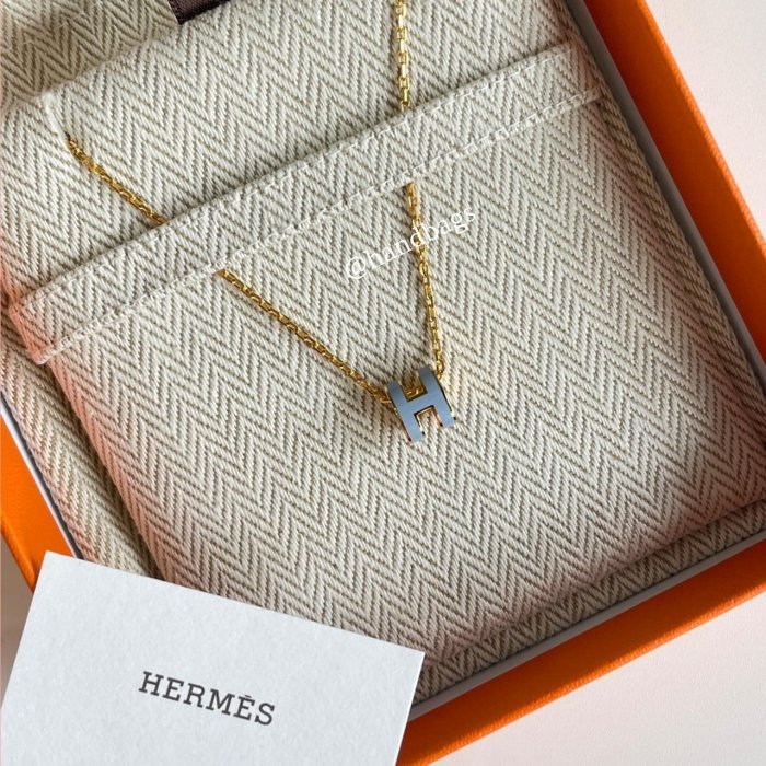 【翰貝格名牌館】全新真品 HERMES MINI POP H 寶寶藍 琺瑯 橢圓 金鏈 項鍊 現貨