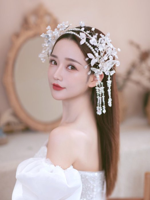 中式新娘頭飾時尚串珠水晶發箍流蘇花朵手工日韓婚紗禮服結婚發飾-主推款