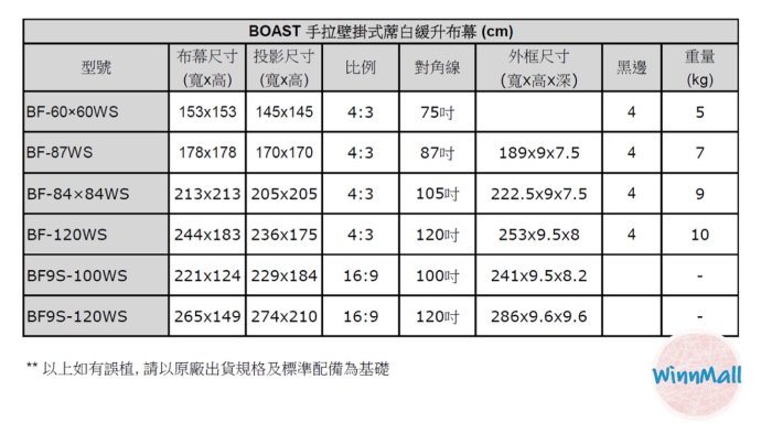 【WinnMall】全新105吋 緩升式  手拉布幕.壁掛布幕.投影布幕. 213*213 優良蓆白品質布幕 含運含稅