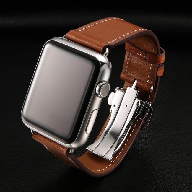 Apple Watch錶帶 蝴蝶扣 愛馬仕真皮錶帶(送保護貼+保護殼)4代 牛皮 Iwatch 替換帶 皮革錶帶4044
