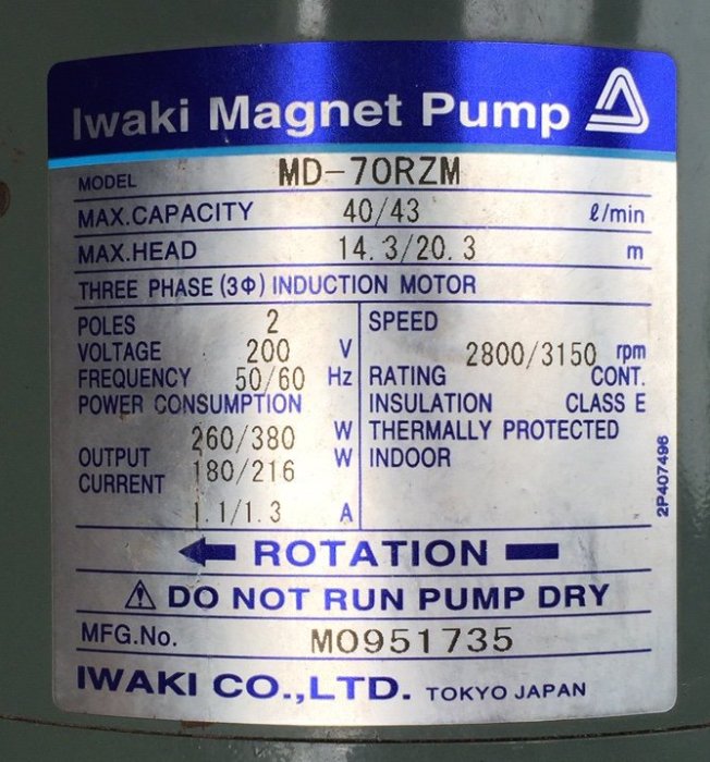 PVDF材質）日本IWAKI MAGNET PUMP MD-70RZM無軸封耐酸鹼幫浦