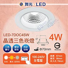 含稅 舞光 LED-7DOC4SW 三段調色崁燈 開孔7公分 白光 黃光 自然光 三色變化 壁切調色 全電壓【東益氏】