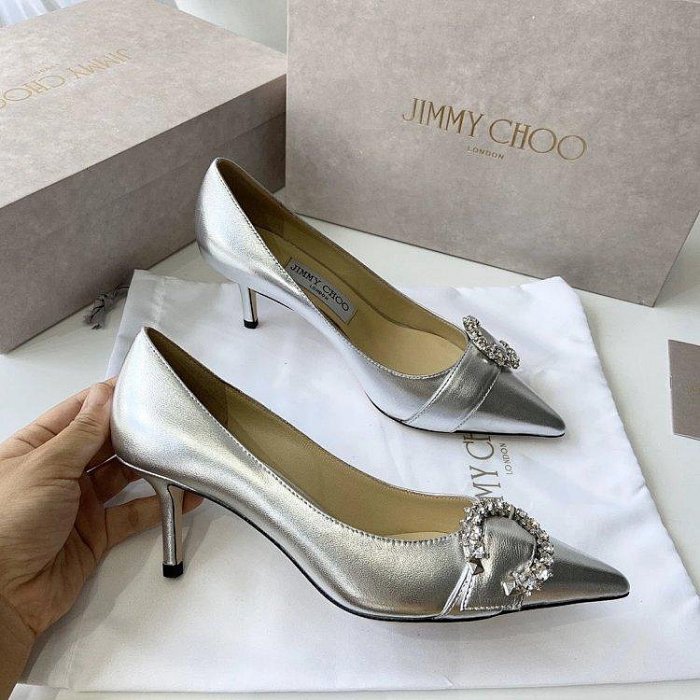 熱款#JimmyChoo新款水晶飾扣女鞋月鉆尖頭細跟高跟鞋女時尚百搭水