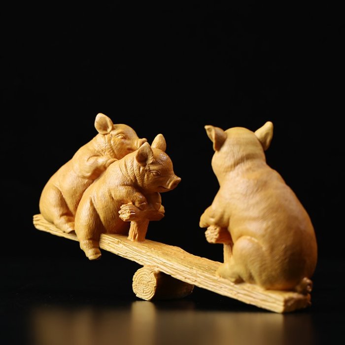 黃楊木小豬翹翹板 三隻小豬 木雕擺件 居家裝飾