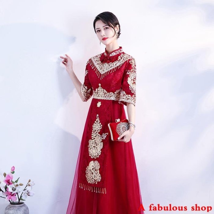 婚紗 禮服 新娘婚紗 法式婚紗敬酒服酒紅色長袖春夏季結婚衣服新娘酒紅色中式禮服女秀禾服正品 促銷