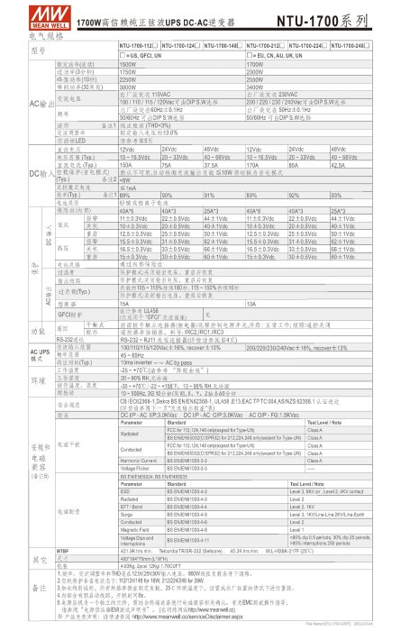 【保固附發票】MW明緯 1700W 純正弦波逆變器+UPS不斷電 NTU-1700 12V 24V 48V 轉 110V