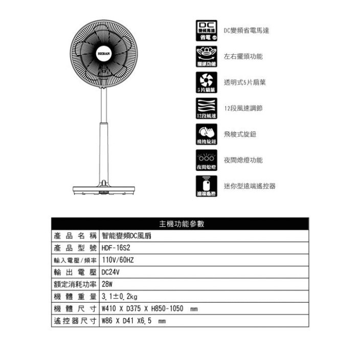 新莊好商量~HERAN 禾聯 16吋智能變頻DC風扇 HDF-16S2 採用日本品牌馬達 智慧家電 電扇 電風扇 冷風扇