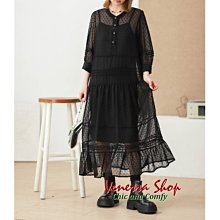 歐單 新款 暗黑系時尚感 隱約透視點點蕾絲 寬鬆配吊帶連衣裙 大碼 (E1486)