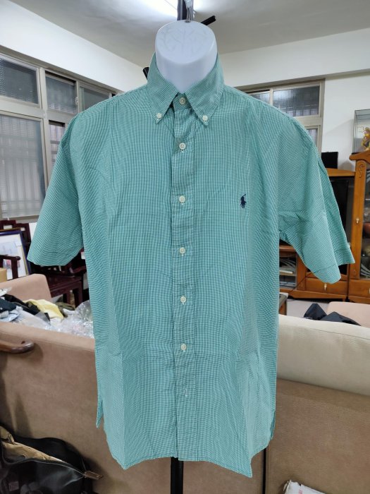 二手九成新瑕疵品)Polo Ralph Lauren湖水綠細格紋短袖襯衫(美版M)(B551