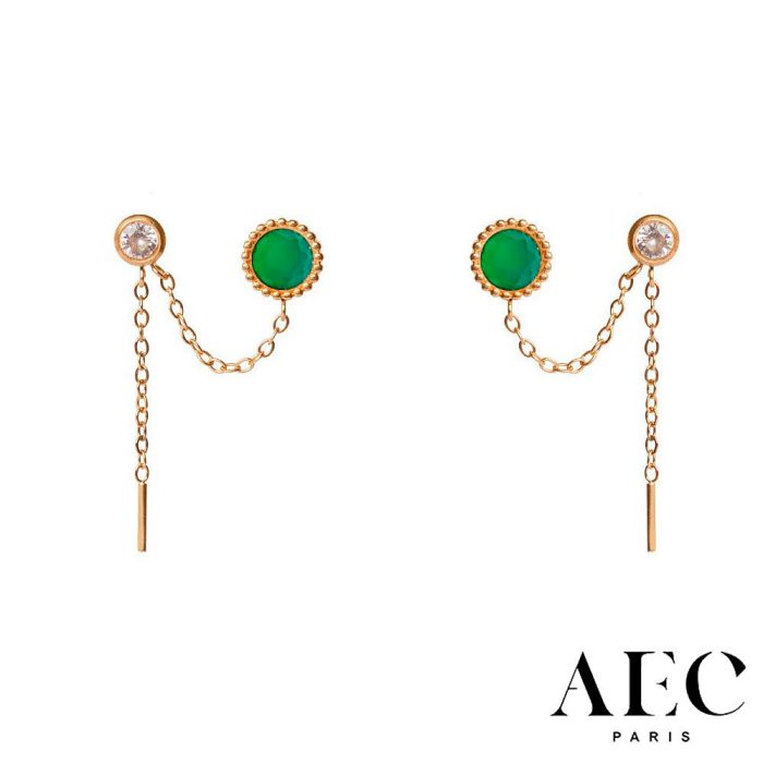 AEC PARIS 巴黎品牌 白鑽綠瑪瑙耳環 金色小垂墜耳環 DROP EARRINGS CHLORIS