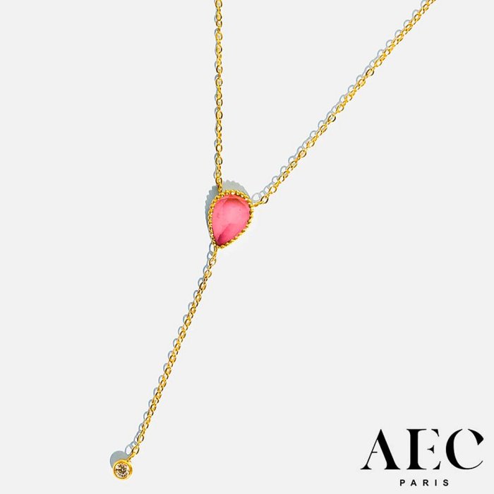 AEC PARIS 巴黎品牌 白鑽粉水晶項鍊 優雅金色Y字鍊 CHAIN NECKLACE ISADORA