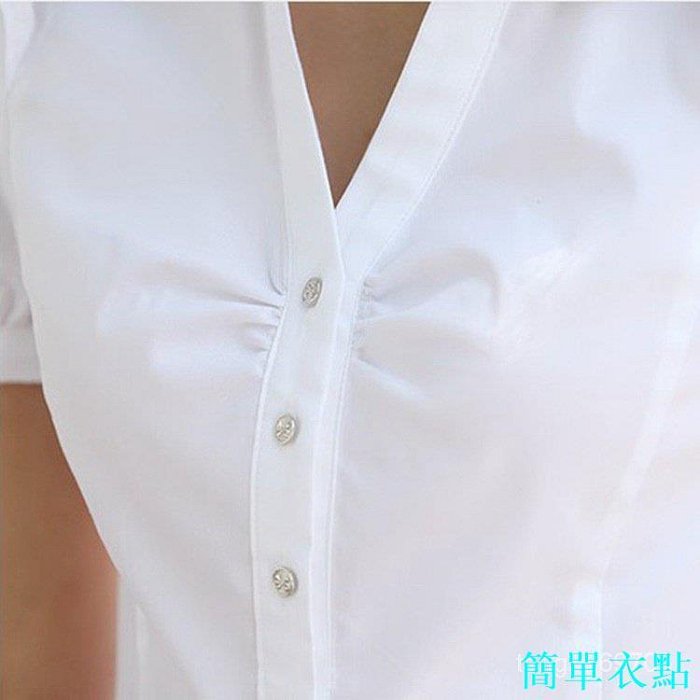 夏季 白色短袖 女襯衫韓版V領職業女襯衫 雪紡衫緊身 大尺碼女
