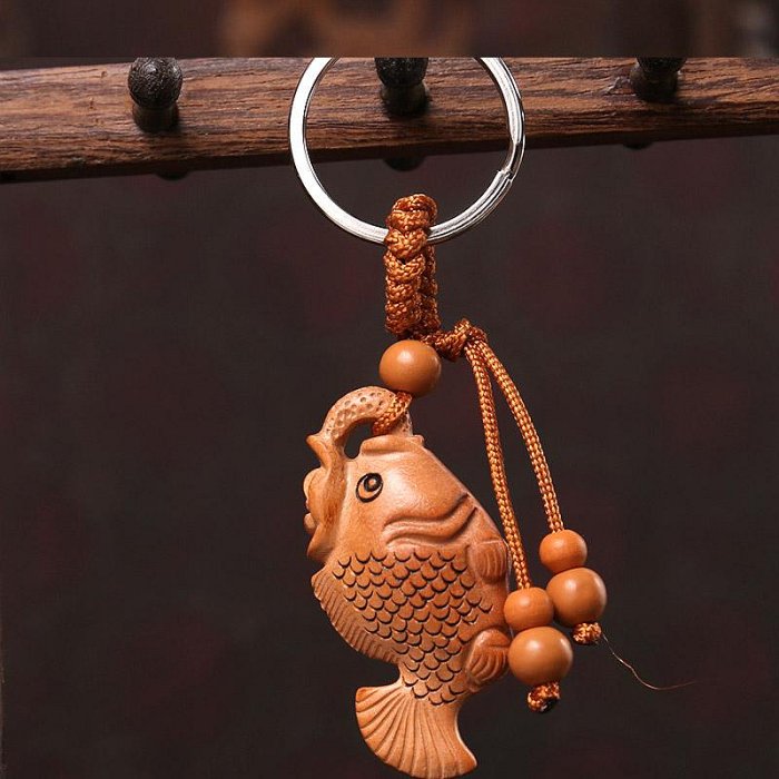 桃木富貴牡丹魚鑰匙扣掛件飾品木雕吊墜富貴魚平安吉祥中國風復古