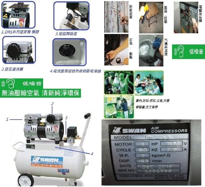 {吉豐購物堂}空壓機 天鵝牌 DRS-210 無油式空壓機 22公升 低噪音 免運費.