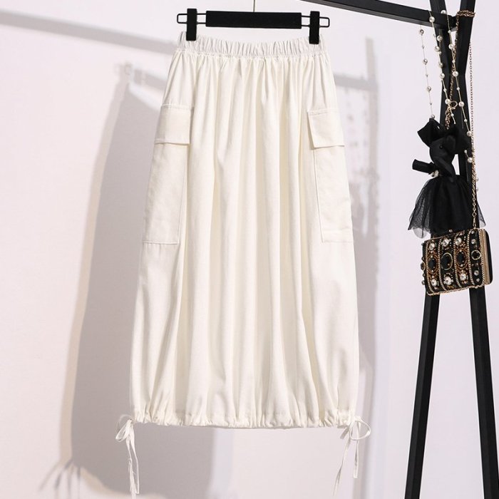 MissBig夏季新款日系軟妹風口袋設計下擺抽繩工裝裙《4223889092》