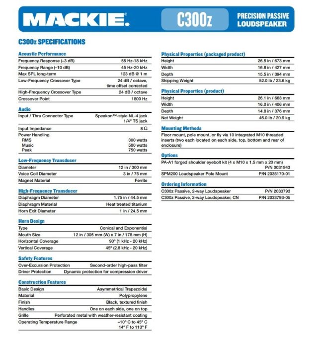 【昌明視聽】Mackie C300Z 美國名牌專業級舞台喇叭12吋 300瓦 2音路設計 舞台外場 PUB 教會 禮堂