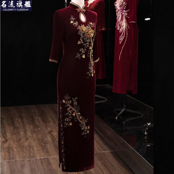 ADMM媽媽婚宴禮服高級喜婆婆年輕款禮服高貴旗袍長款復古中年緊身-名流