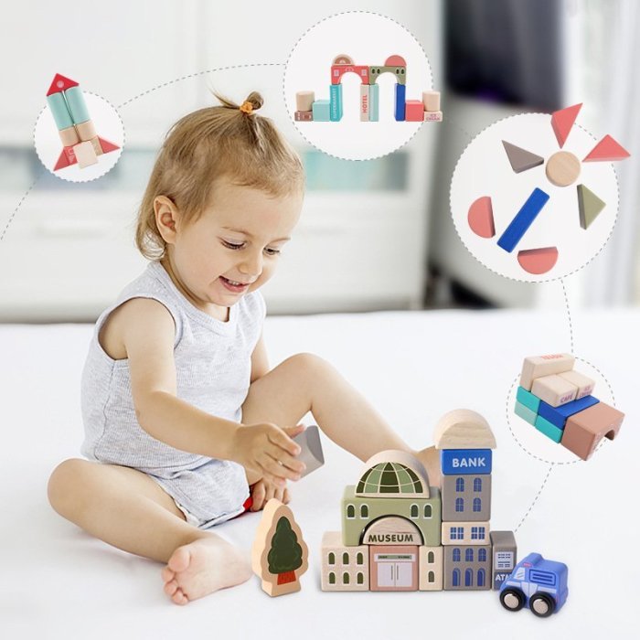 兒童玩具 115粒馬卡龍城市建筑積木 交通益智拼裝大顆粒木制玩具 #積木玩具