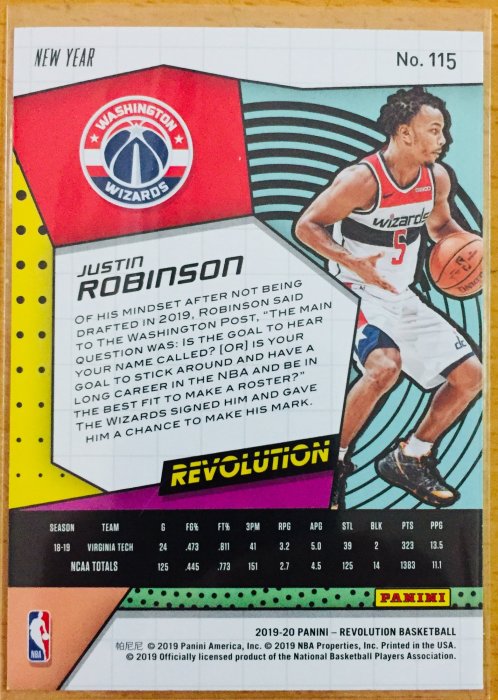 JUSTIN ROBINSON 2019-20 REVOLUTION #115 NEW YEAR 冰鑽 新人特卡 巫師隊