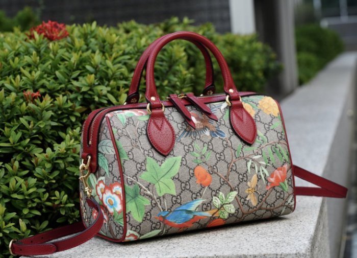 Gucci Linea A printed canvas Bag 小型 花卉波士頓包 紅皮邊