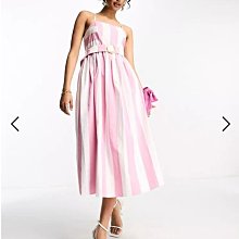 (嫻嫻屋) 英國ASOS-River Island粉紅色條紋平口領細肩帶中長裙洋裝EG23
