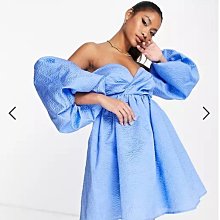 (嫻嫻屋) 英國ASOS-優雅時尚名媛藍色紋理一字領氣球袖傘狀裙洋裝禮服EA23