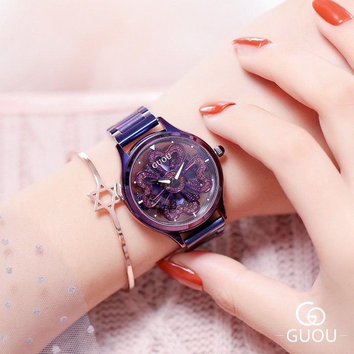 新款手錶女 百搭手錶女香港古歐新款鋼帶心型水鉆女士手錶抖音網紅同款防水手錶石英手錶