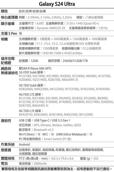 《公司貨含稅》SAMSUNG Galaxy S24 Ultra 5G 12G+256G 6.8吋AI功能智慧型手機