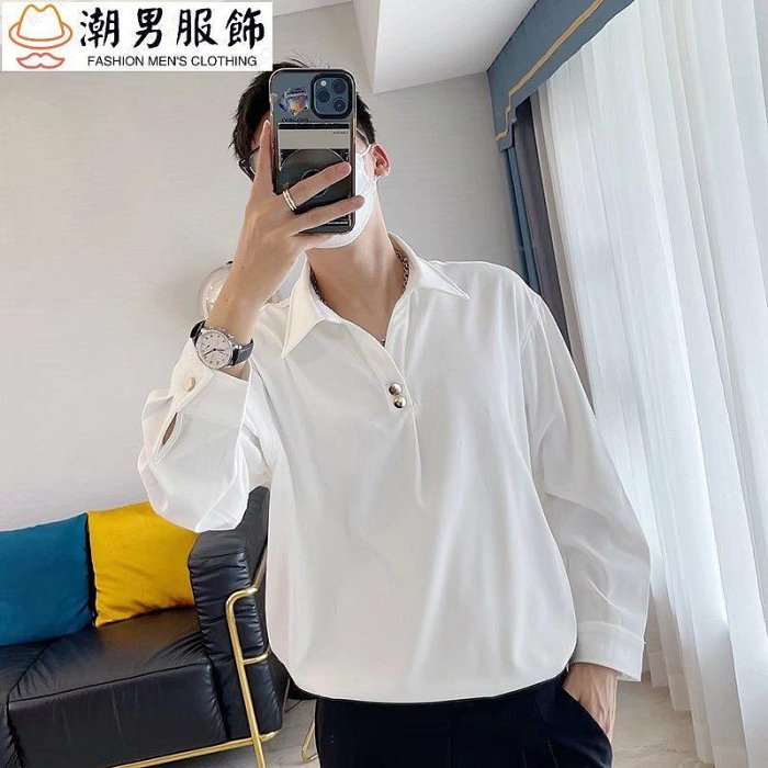 新品 polo衫男 黑白M-2XL 夏男士 青年港風 彈力素色翻領長袖T恤 垂墜感鈕扣襯衫-可開發票