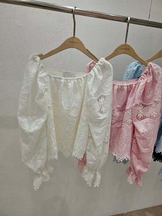 BOSHOW韓國連線 正韓 重工刺繡布蕾絲一字領上衣