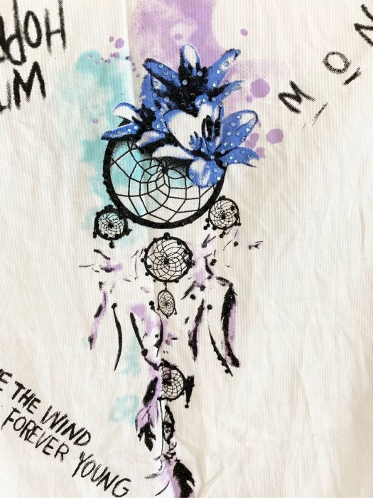 CIDANI刺繡兔子紫色天藍色水鑽補夢網圖案白色隱藏鈕扣前短後長襯衫上衣
