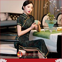 中國風復古新款走秀旗袍改良版連衣裙長款氣質顯瘦新式媽媽裝短袖旗袍裙洋裝-綠雛-水水女人國