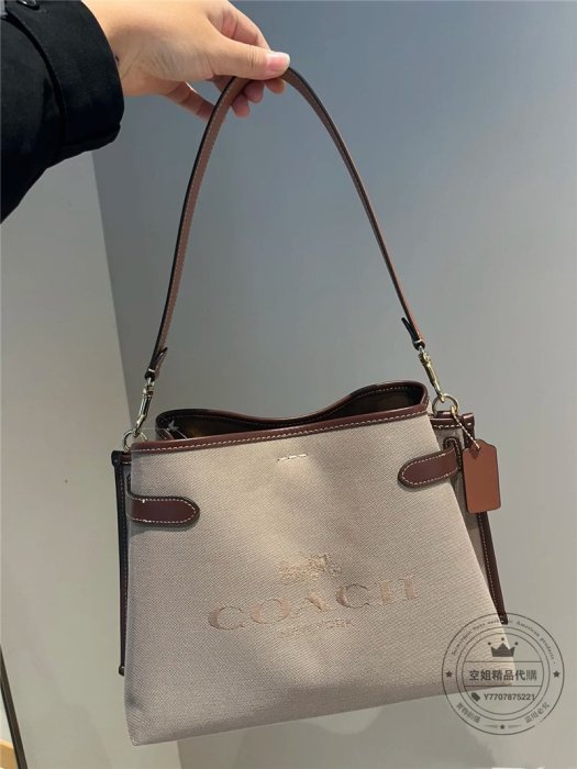 空姐精品代購 美國直郵 COACH CH190 Hanna shoulderbaq 蔻馳奧萊新款馬鞍色帆布 小號女士 水桶包 單肩斜挎 手提女包 側背包 附購證