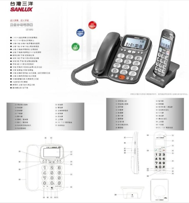 SANLUX台灣三洋數位無線電話機 DCT-8916 助聽電話18db音量 來去電報號 手機三組SOS電話-【便利網】