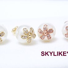 *SKYLIKE* 最超值-韓國進口585/14K玫瑰K金、黃K金新款小花朵人造珍珠鋯石耳針耳環，EJ-11849s*