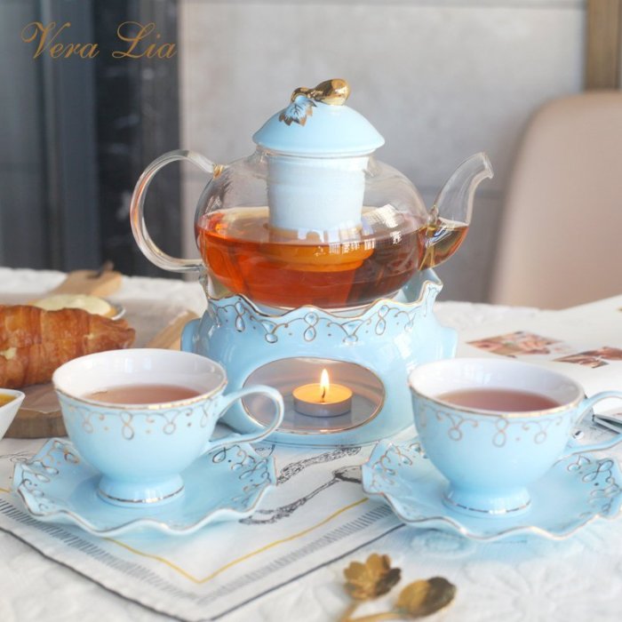 歐式水果花茶茶杯家用陶瓷蠟燭加熱玻璃花茶壺英式下午茶茶具套裝現貨 正品 促銷