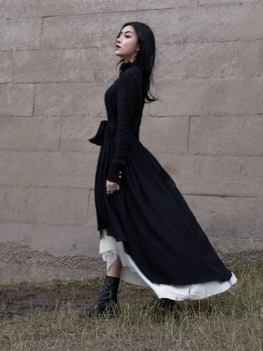 ►DR.DESIGN│DR31307特價1880-小眾 暗黑風 兩件式 作舊 黑白撞色 割毛邊設計 棉麻 蓬蓬 洋裝