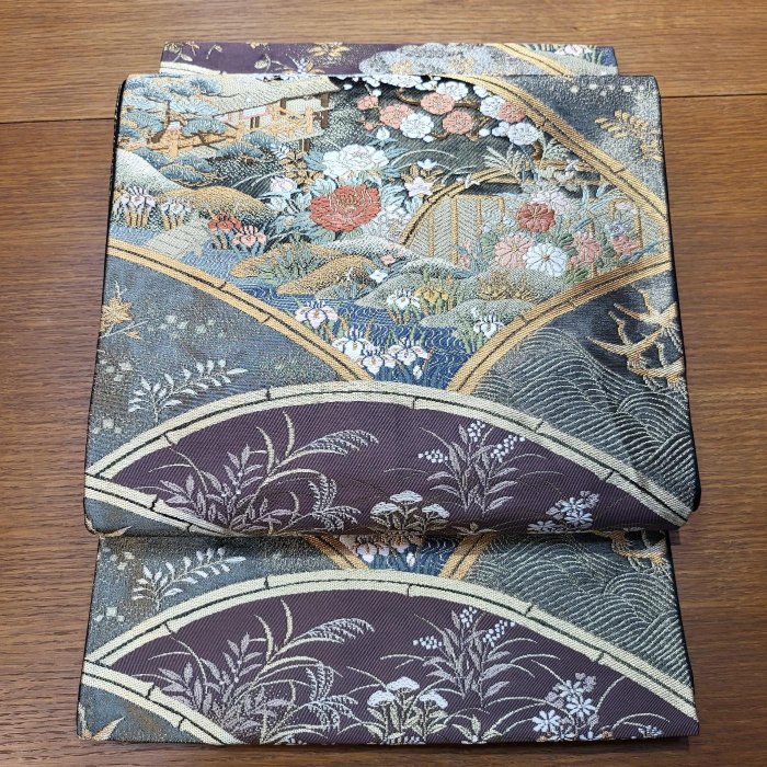 管理番號：90219［美品］六通 正絹 袋帶［早期］日本 和服 腰帶 桌旗 茶席