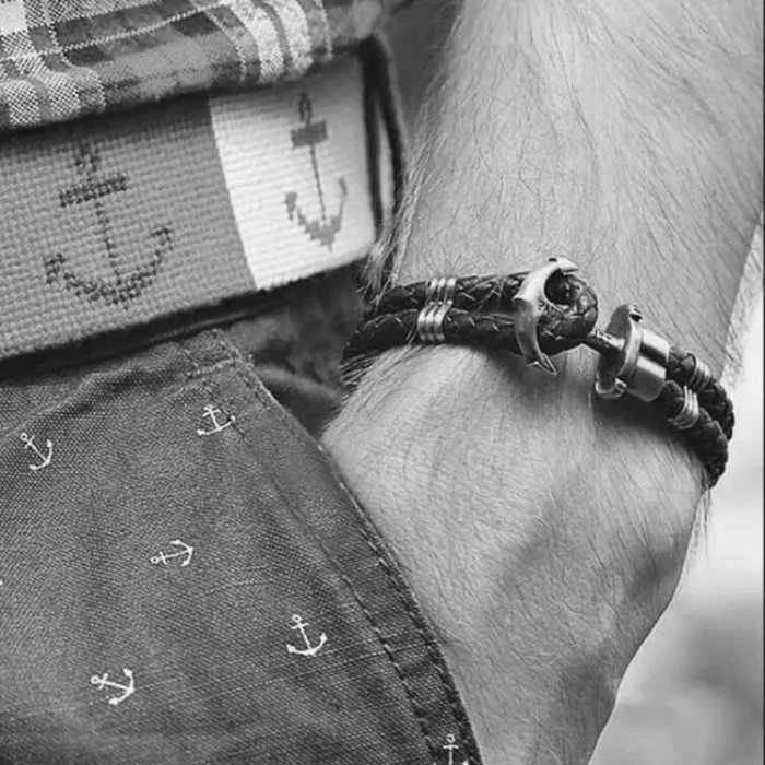 歐美流行串珠蛇紋船錨皮手環 雙層編織皮手鍊 嘻哈個性皮革男士手鏈 百搭配件飾品手鍊 時尚皮繩