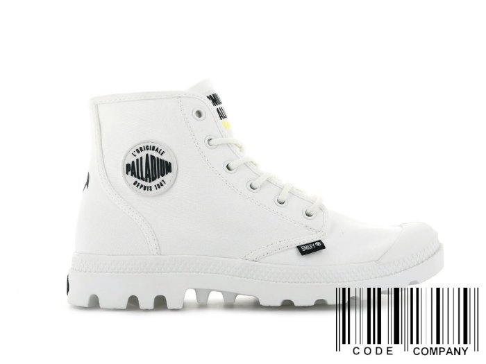 =CodE= PALLADIUM PAMPA HI BE KIND SMILEY 微笑聯名軍靴(白)77079-116男