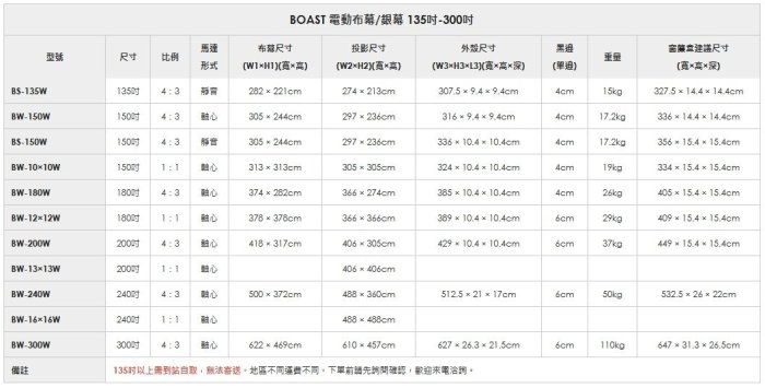 BS-150W BOAST 150吋(4:3)電動投影布幕.銀幕/側掛靜音/台灣製造 ＊需自行站取＊