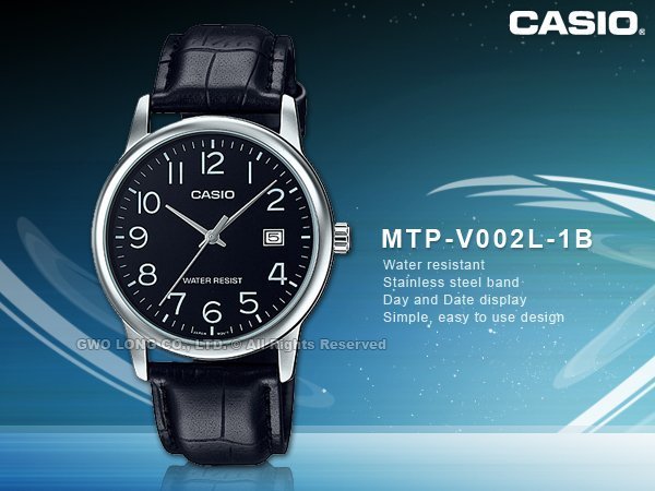 CASIO 卡西歐 手錶專賣店 國隆 MTP-V002L-1B 黑面 指針男錶 皮革錶帶 防水 日期顯示 全新品