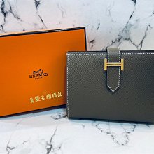 《真愛名牌精品》Hermes Bearn 山羊皮 大象灰 金H釦  短夾*全新品*代購